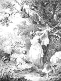 woman spreads washing over tree and hedge